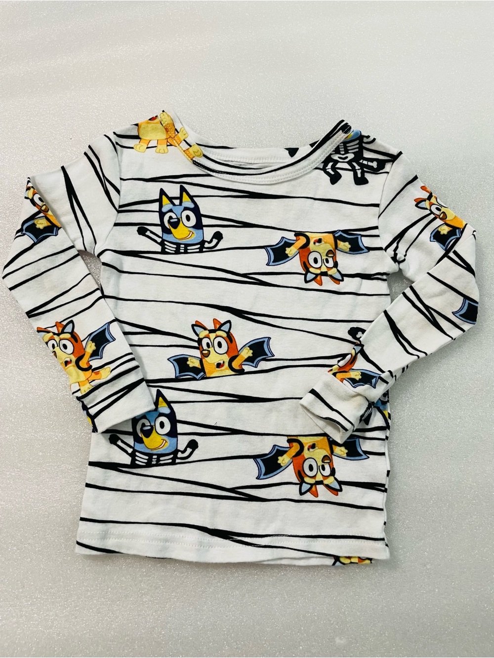 White Striped Long Sleeve Tee with Yellow & Blue Cartoon Bats